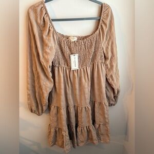 No comment taupe tiered babydoll off the shoulder stretchy dress size large NWT